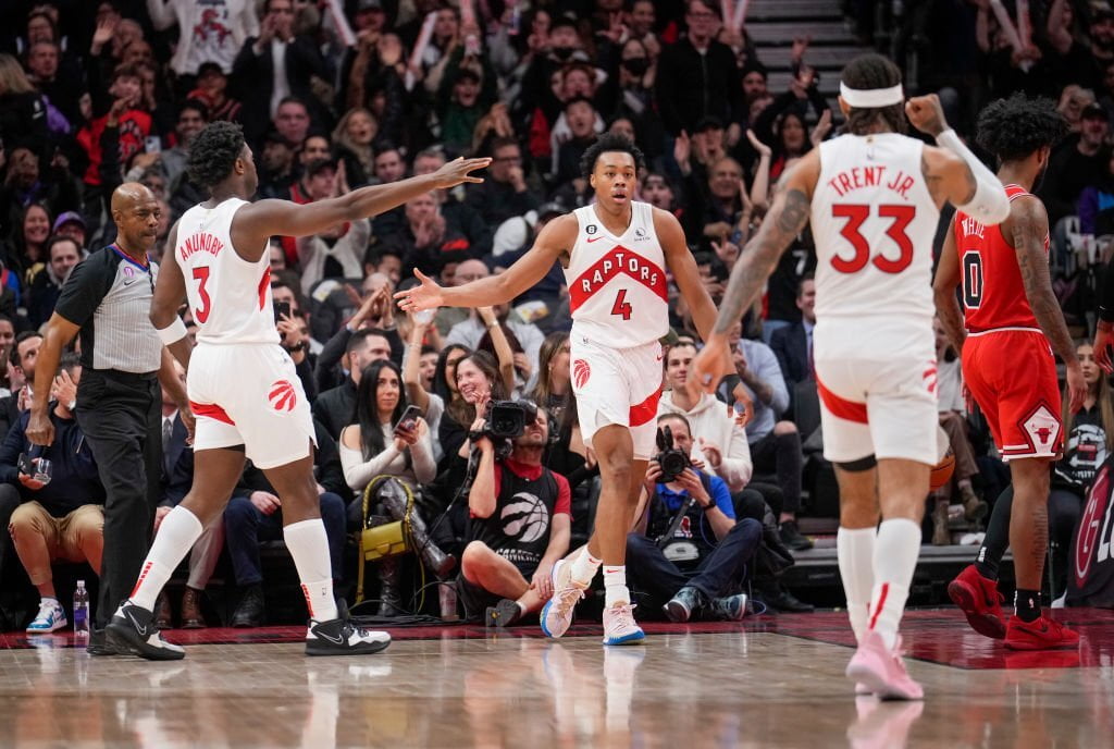 Gary Trent Jr., Scottie Barnes et O.G. Anunoby sur un parquet NBA sans Pascal Siakam.