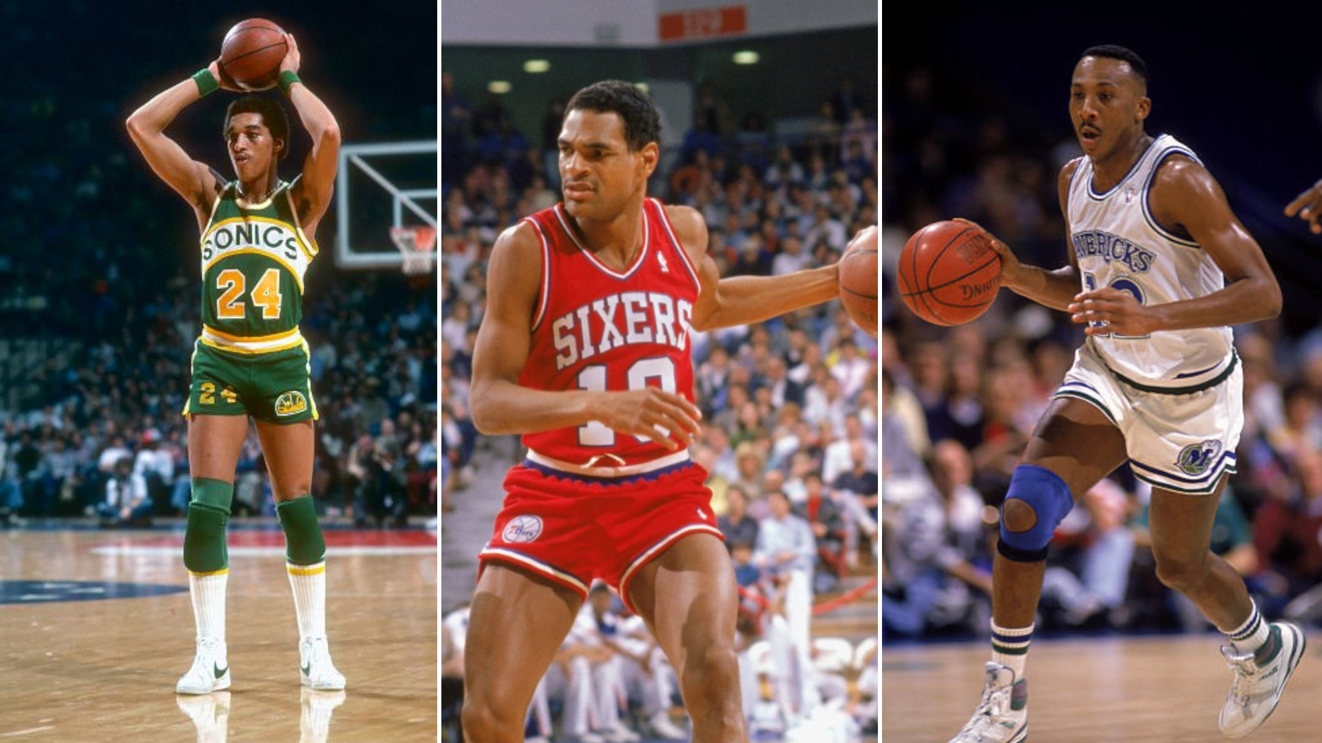 De gauche à droite, Dennis Johnson, Maurice Cheeks, Derek Harper