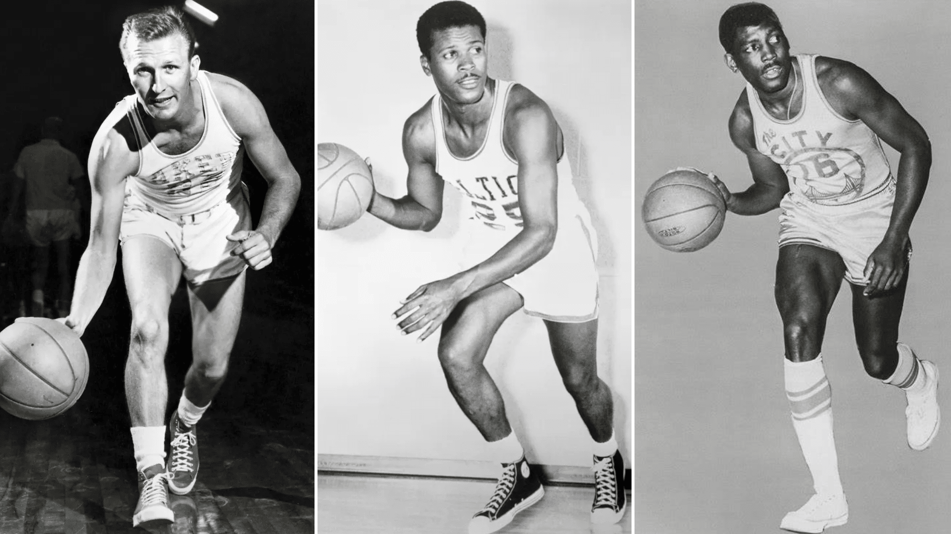 De gauche à droite, Slater Martin, K.C Jones, Al Attles les meneurs défensifs des 50's et 60's. 