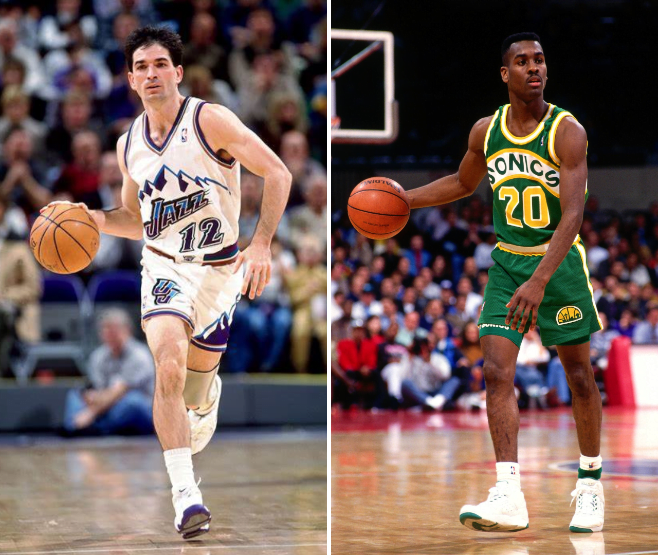De gauche à droite, John Stockton et Gary Payton