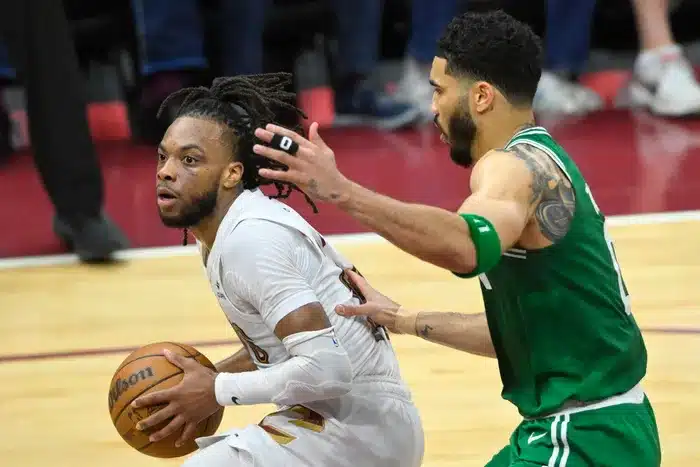 Cavaliers, Celtics. Darius Garland et Jayson Tatum ont été les leaders d'un match serré. Crédit : David Richard - USA TODAY Sports