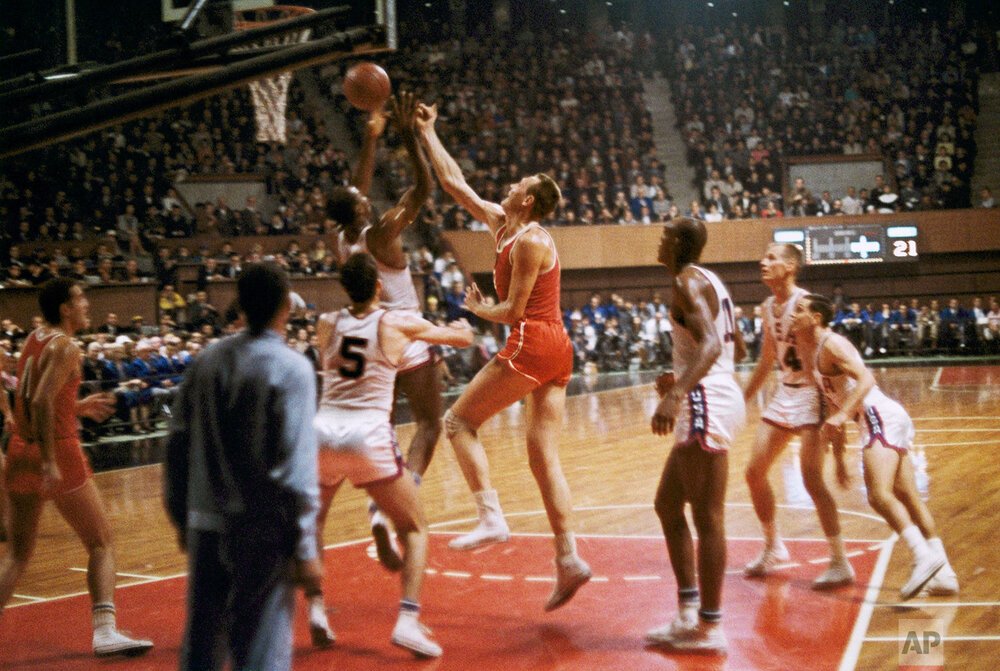 Seen here is a basketball game between the USA and Soviet Union during the 1964 Summer Olympics in Tokyo, Japan, Oct. 23, 1964. (AP Photo)