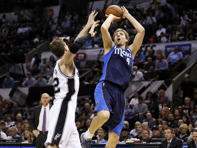 Dirk Nowitzki et l'histoire de son célèbre "one legged fadeaway". Crédit : Soobum Im-USA TODAY Sports