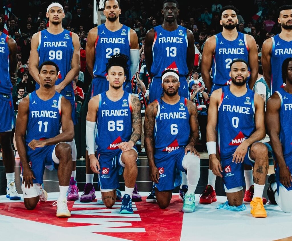 Théo Maledon, Matthew Strazel, Andrew Albicy et Elie Okobo lors du dernier rassemblement de l'Equipe de France en février 2025.